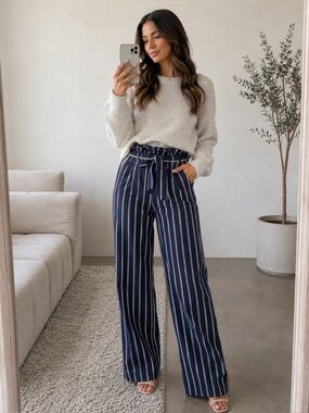 Express Navy and White Vertical-Stripe Wide-Leg Pants with Paperbag Waist